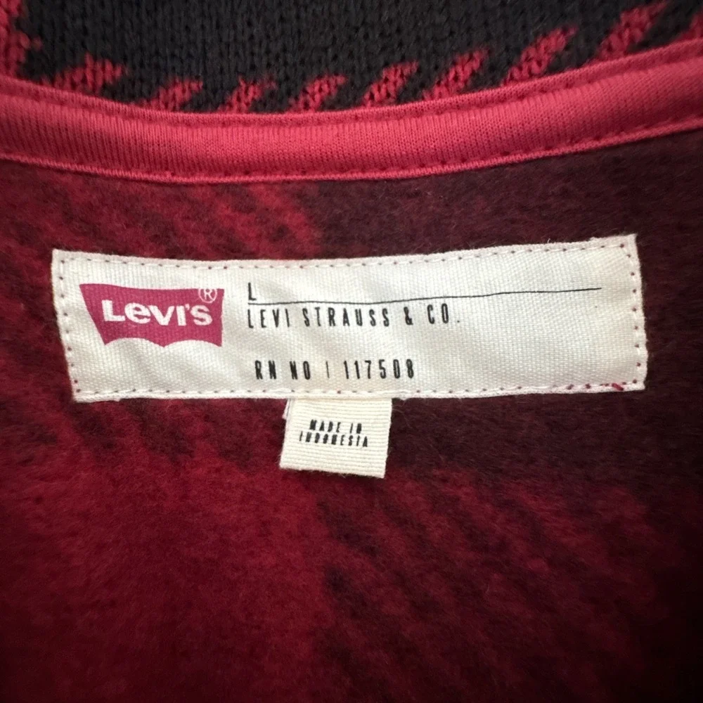 Levi's Buffalo Plaid Cardigan Mens L Red Black Excellent Shawl Collar Knit #927